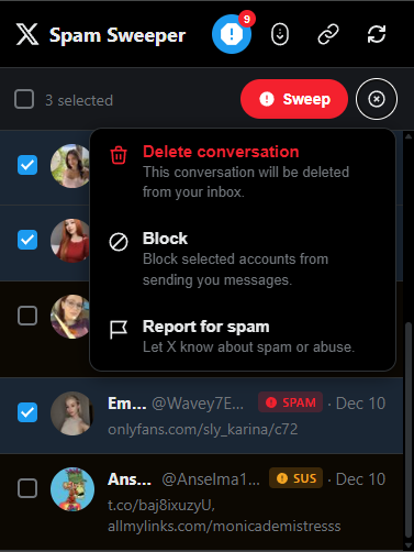 X Spam Sweeper Interface